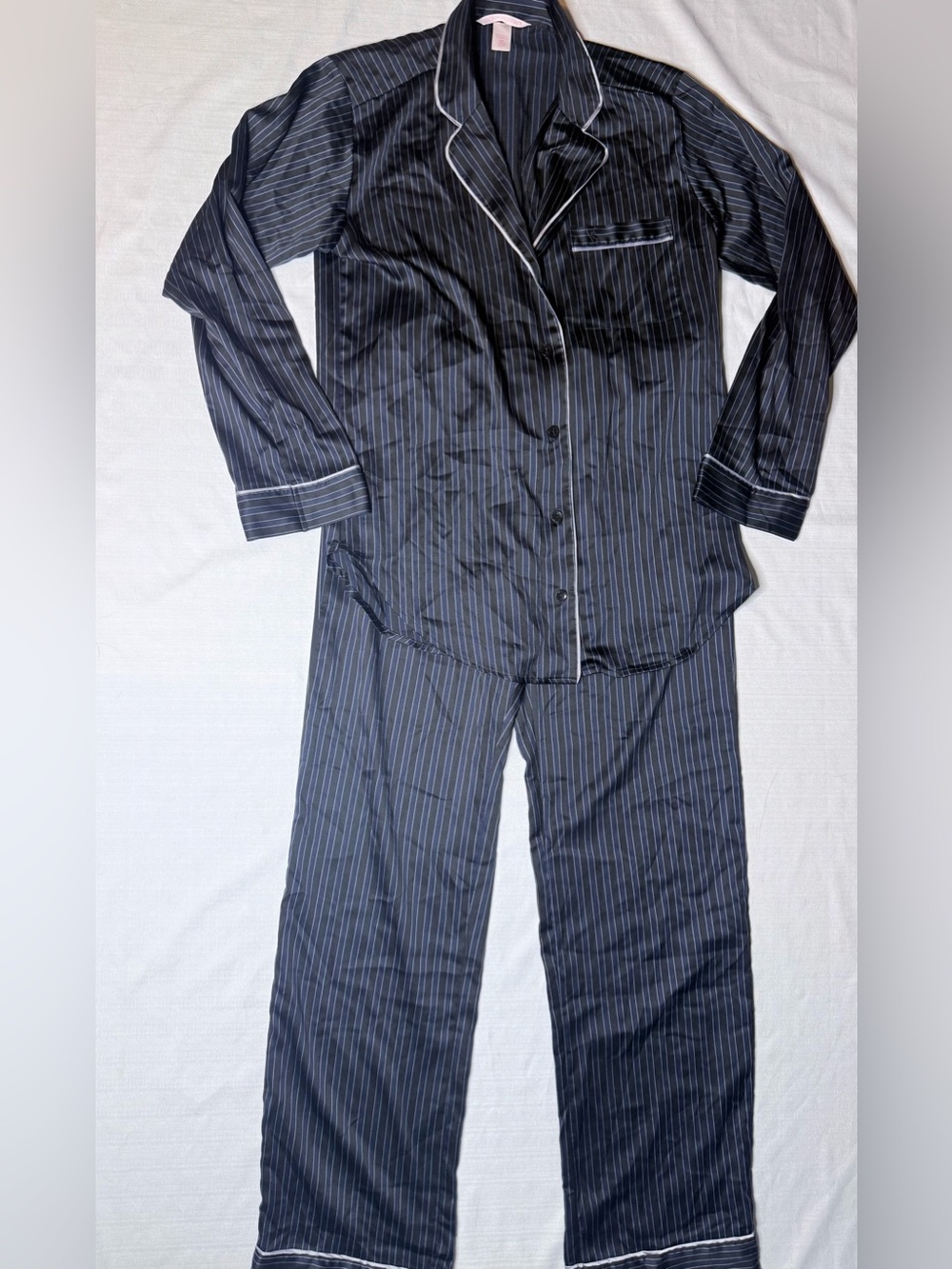 Victoria’s Secret Satin Pajama Set Women S/P Long Black Pinstripe Button Up